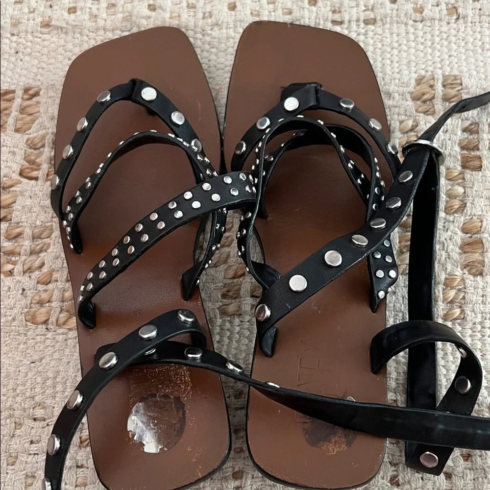 Zara Black Studded Ankle Wrap Sandals Size 38 / 7 or 7.5_8